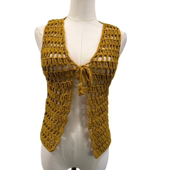 Handmade Mustard Yellow Crochet Tie Front Vest XS Boho Festival Y2K Hippie Indie - Picture 2 of 6